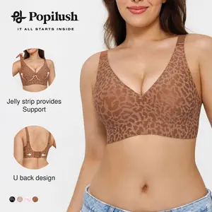 Popilush Wireless No Underwire Leopard Print Jelly Bra Everyday Comfort Push Up Seamless T-Shirt Bra with Minimizer & Adjustable Straps Fit Minimalist Fabric Womenswear Soft Fit Smooth Yarn Basic Lady Underwear