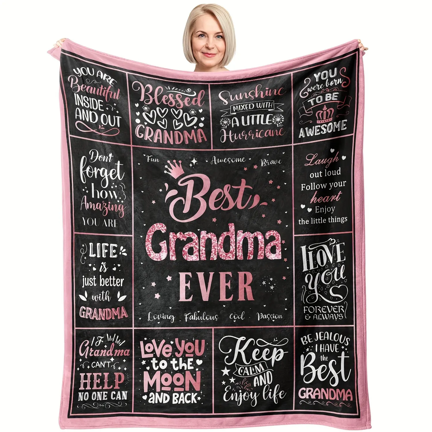 Women's Grandma-Themed Rectangular Flannel Blanket - 1pc Thick All-Season, Soft Light Beige with Heart Messages, Pink & Black Design, Machine-Washable Home Travel Birthday Gift (Flannel Softness Feature)