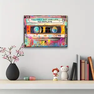 1pc Framed Vintage 80s Cassette Tape Wall Art - Vibrant Colorful Abstract Music Poster with "You Only Got One Life" Quote, Retro Home Decor for Living Room, Bedroom, Office, Cafe - Ideal Gift, Large Canvas Print, Wall Decor
