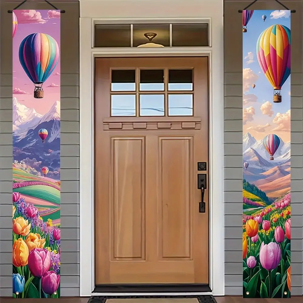 2D Flat 2Pcs Polyester Hot Air Balloon & Tulip Scenery Porch Couplets, Mountain View Design, Perfect for Indoor/Outdoor Party, Birthday, Festival Celebration, Photography Backdrop, Window Display, Home Decor