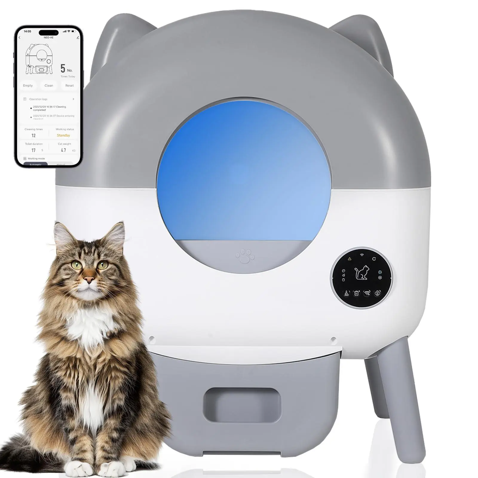 GARVEE Automatic Self-Cleaning Cat Litter Box (Automatic Litter Box), Smart App Control, Safety Sensors, Low Noise Operation, Extra Large Capacity, Washable Tray, Included Trash Bags, Light Gray Indoor Pet Furniture