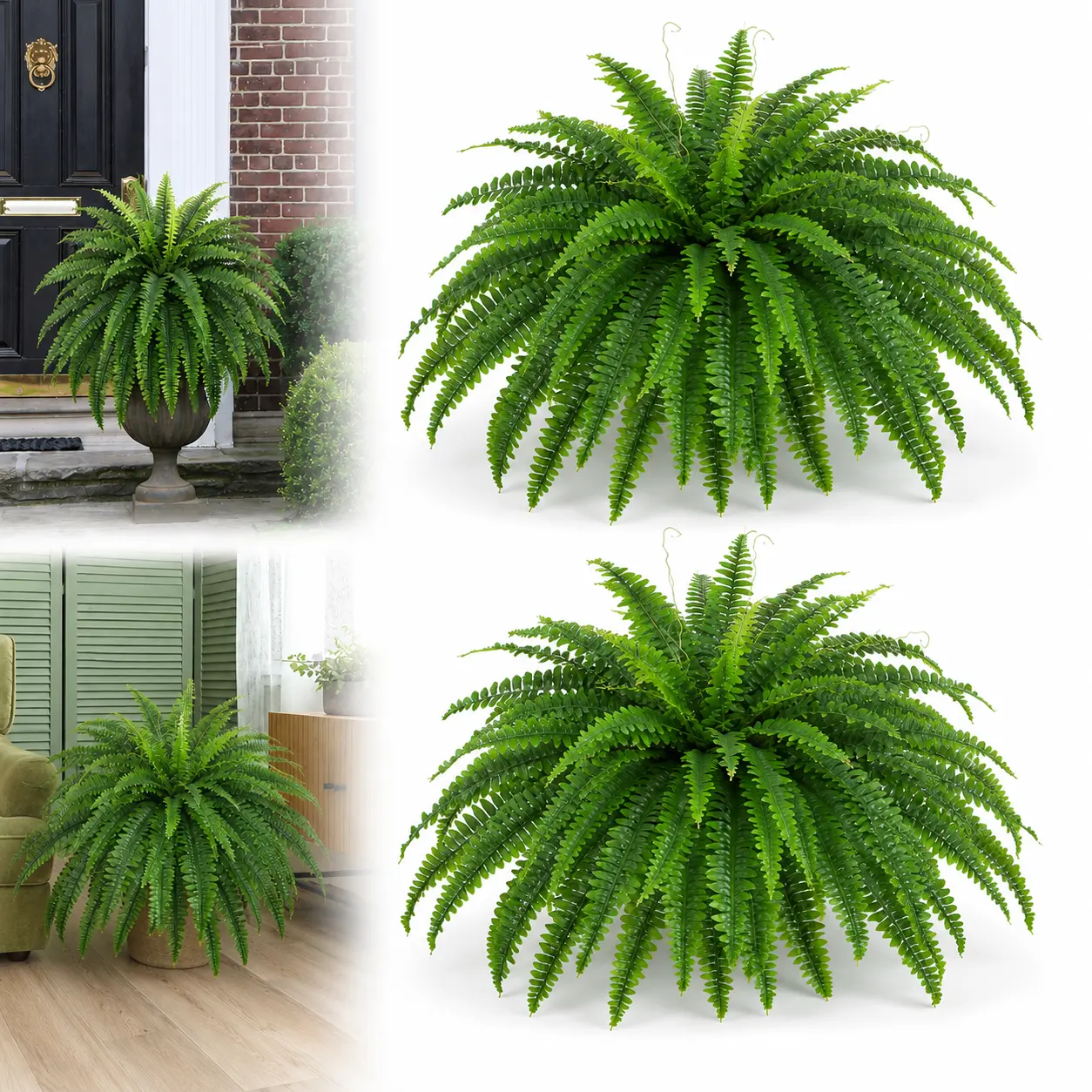 2 PCS Artificial Ferns for Outdoor Planter, Large Fake Boston Fern Bush with 36 Realistic Fronds per Bouquet, Faux Greenery Hanging Plants for Porch, Patio, Garden and Balcony Decor