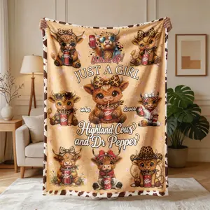 Highland Cow & Dr Pepper Flannel Blanket, Funny Throw Blanket, Large Size, Soft and Lightweight, Perfect for All Seasons, Ideal for Bed, Sofa, Office, Camping, Travel