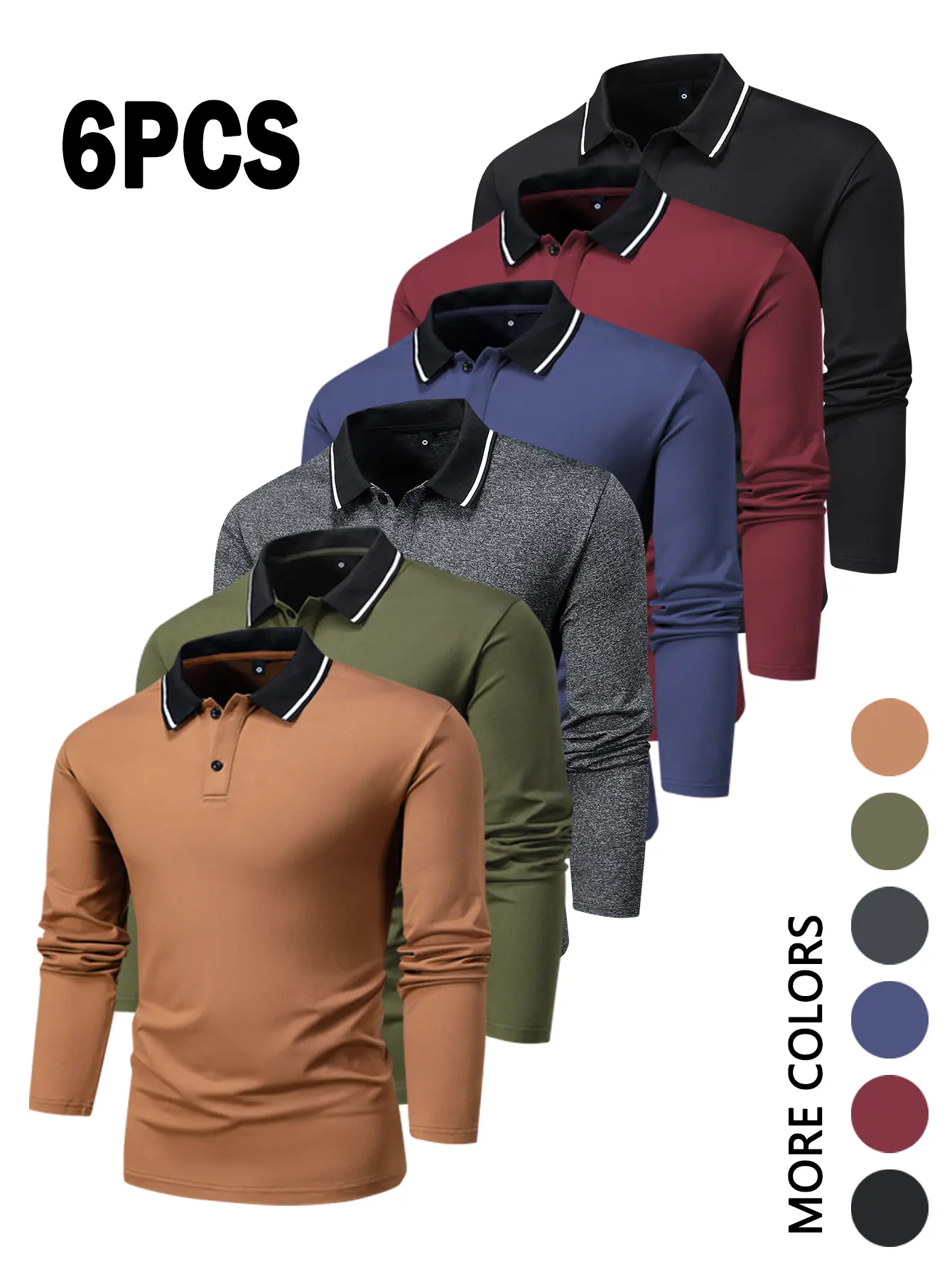 Men’s 6-Pack Long Sleeve Polo Shirts, Chic Draped Plain Menswear Tops, Spring-Fall Regular/Plus Size, Lightweight Wrinkle-Resistant Solid Color, Casual Outdoor Camping & High-End Business Turn-Down Collar Button Front, Evening New Year Wear