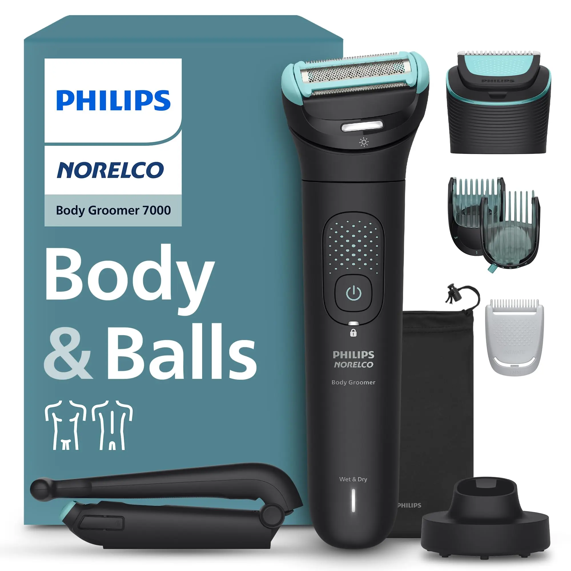 Philips Norelco Body Groomer 7000 Series, Men's Whole Body Groomer, Contour-following 2D Flexing Head, Triple Protect Shave System & Intimate Body Hair Trimmer, 100% Showerproof, BG7480/50