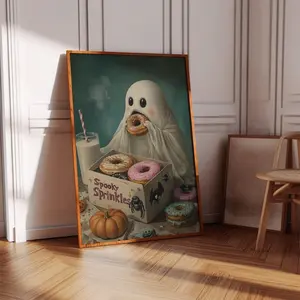 Cute Ghost with Spooky Sprinkle Donuts Wall Art | Halloween Kitchen Print | Funny Ghost Decor with Milk and Doughnuts