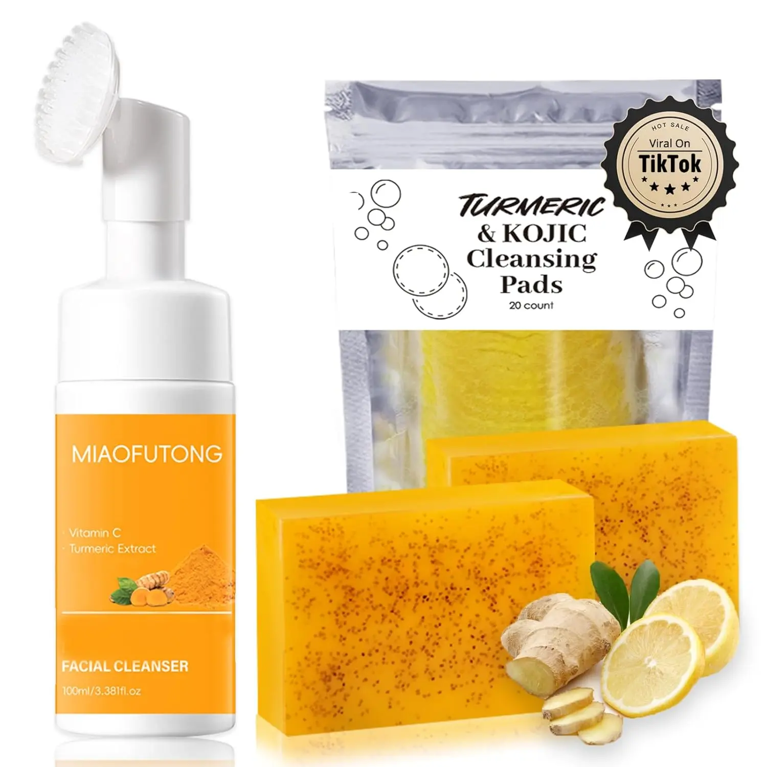 Turmeric Wash and Care 3 Piece Set – Turmeric Face Wash with Brush, Exfoliating Facial Pads, Cleansing Soap Bars & Turmeric Oil – Jabon de Curcuma, Natural Skincare for Face & Body