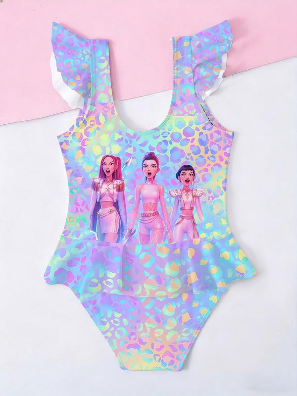 Girls Kpop Demon Hunters One-Piece Swimsuit, Colorful Polka Dot Group Image Print, Ruffled Sleeveless Swimwear, Summer Beach Wear