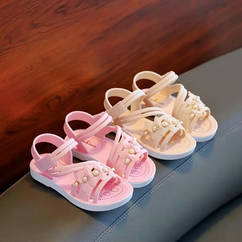Girls' Princess Theme Open Toed Sandals - Soft PVC Sole Summer Beach Shoes with Floral Bow, Child Sizes for 7.5-9 Years Toddlers & Older Kids, Girl’s Theme, Princess Look, Princess Style
