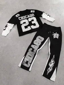 Men's Street Style American Digital Letter Print Long Sleeve T-Shirt + Loose Fit Jogger Pants Set, Fall Winter Outfit, Relaxed Fit, Menswear