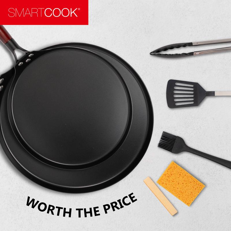 SmartCook 10", 13" Nonstick Carbon Steel Skillets and Utensils set , Durable, Foodi, Perfect for Stove-Tops, Non-Toxic Cookware Set, Griddle with Handle, Omelet Pan, Comal for Tortillas, Crepe Pan pots and Metal Silicone Induction Wood