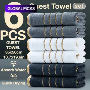 6-Piece Gold Line Decorative Thick Face Towels, Modern Bathroom Set, Super Absorbent, Quick Dry, Microfiber, Reusable, 35x50cm, All Seasons
