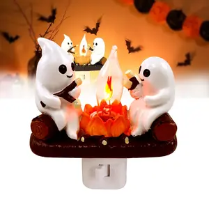 Ghost Campfire Flickering Night Light, Spooky Fire Marshmallow Night Light, LED Fake Campfire Night Lights Plug into Wall, Halloween Nightlight Indoor Decorations LED Lamp 0.5W