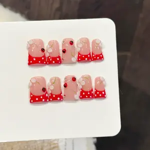 10pcs Handmade Duckbill Nails, Pretty False Nails, Base Dots Glass Bead Design, Sweet Style Nail Stickers for Women