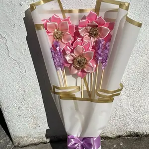 Lotus Bouquet 3 Count - Pink and Purple Flowers with Gold Accents and Purple Bow