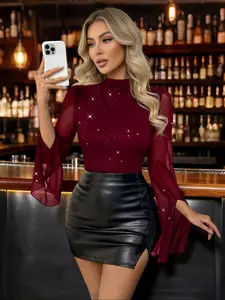 Women's New Fall Winter Fitted Long Sleeve Sparkle Fabric T-Shirt, Elegant Chic Party Wear, Perfect for Evening Dates, Top, Womenswear