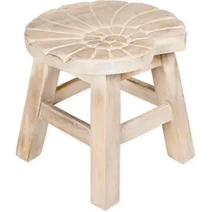 Whitewash Shell Design Hand Carved Acacia Hardwood Decorative Short Stool for Home Living Room Entryway Decor