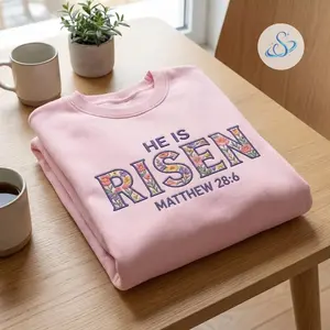 He Is Risen Matthew 28:6 Floral Embroidered Easter Sweatshirt, Christian Resurrection Sunday Crewneck, Faith Based Spring Pullover Gift for Women and Believers