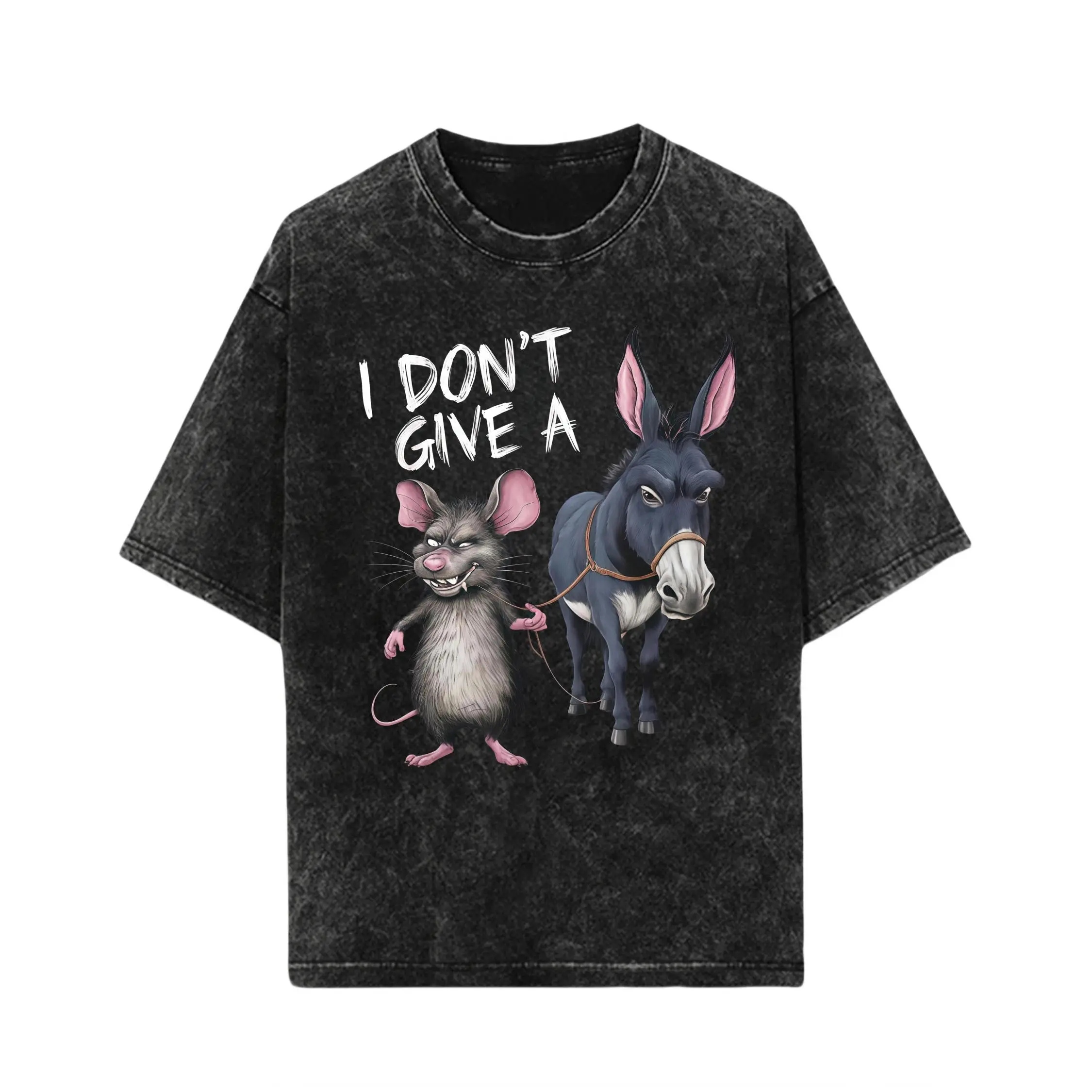 Funny "I Don't Care" Mouse and Donkey Graphic T-Shirt - 180g Cotton Vintage Loose Short Sleeve Crew Neck Casual T-Shirt, Hoodie，Sweatshirt，Washed Cotton T-shirt
