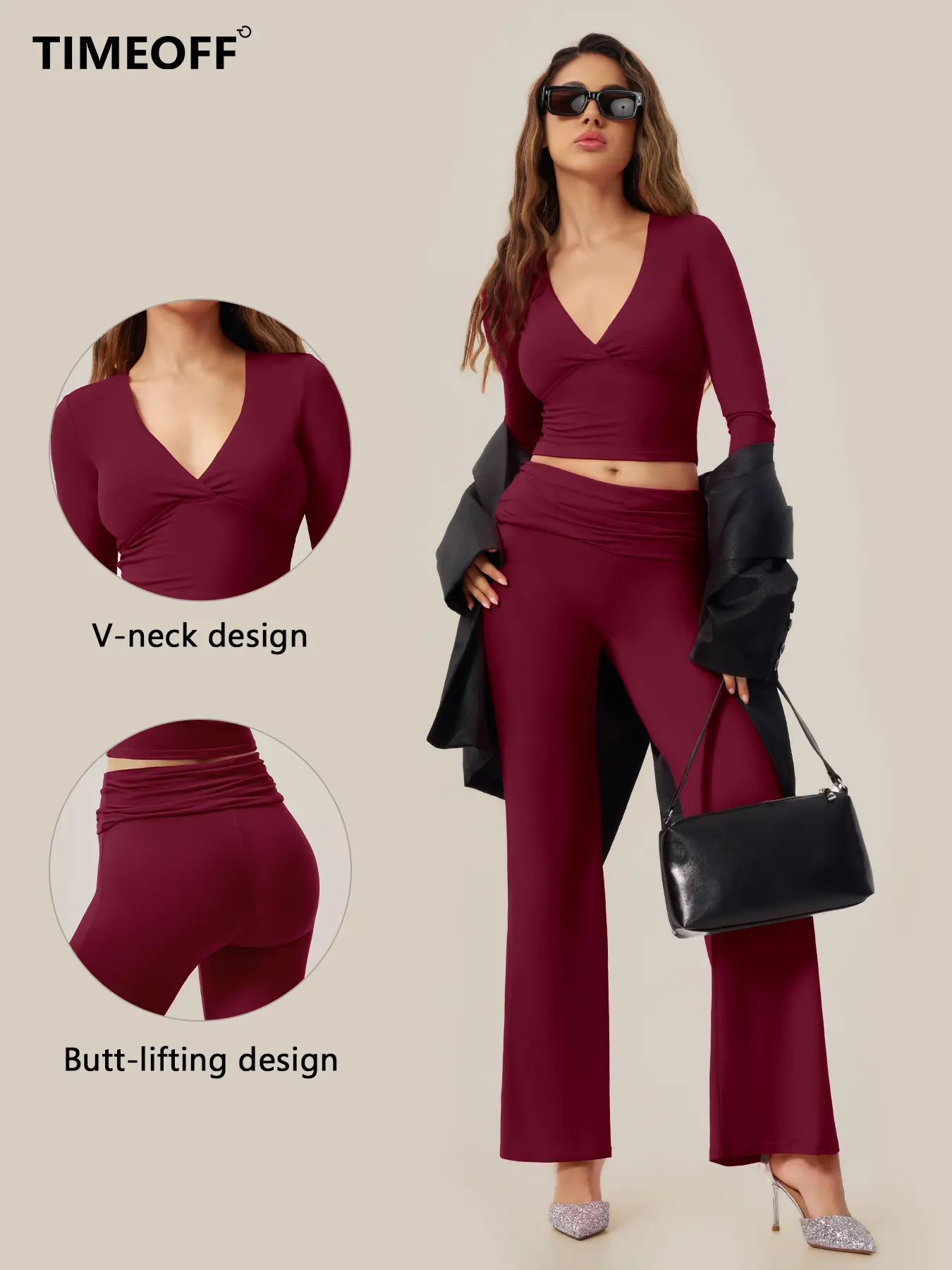 TIMEOFF Women's 2-Piece High Stretch Sporty Activewear Set - Long Sleeve Plunging V-Neck Top, Flipped Waist High-Waist Flared Leggings - Gymswear, Fitness Sport Outfits, Athleisure Wear Set for Yoga, Running, 2 Piece Sets, Workout Sets For Women