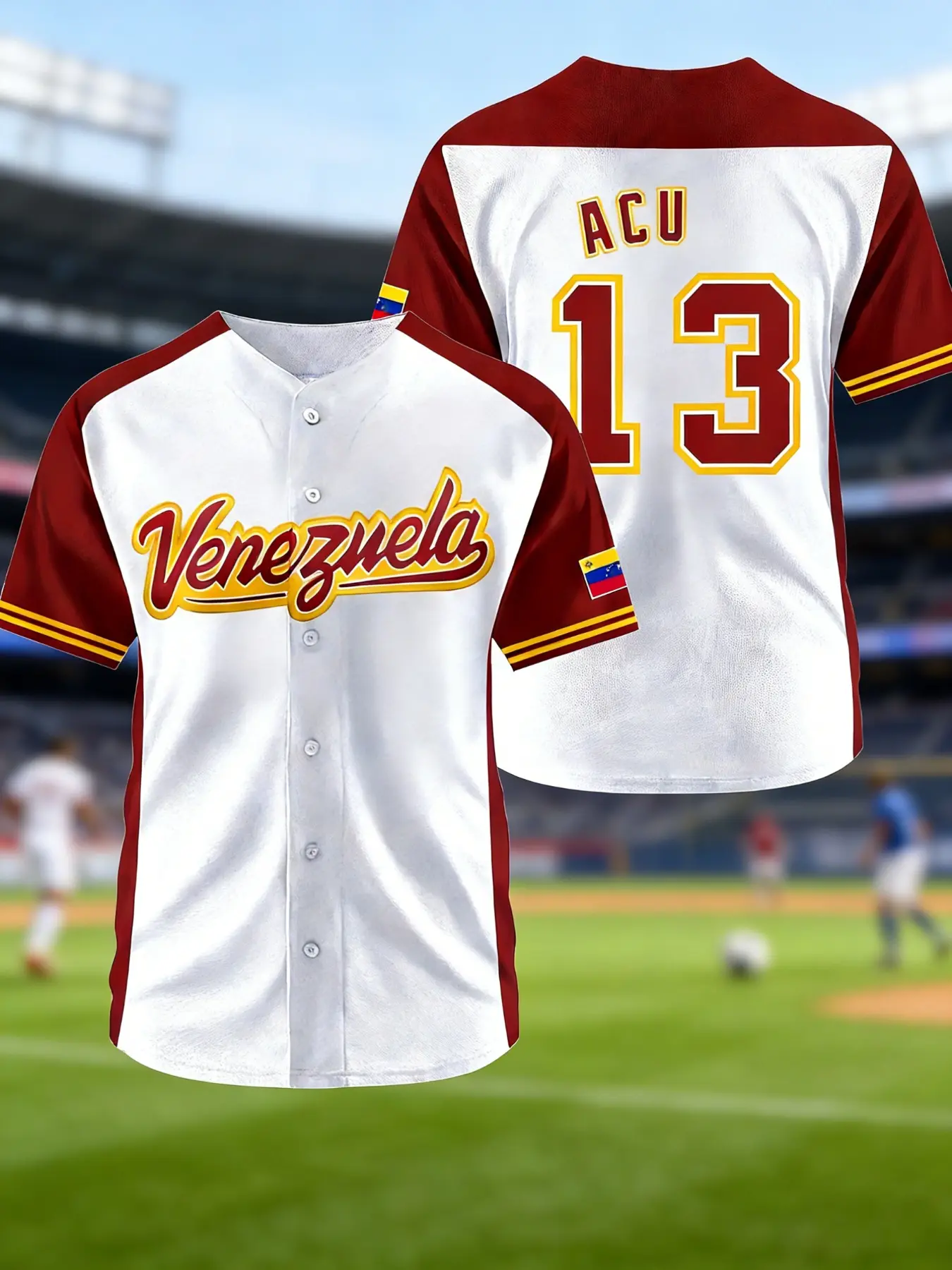 Venezuela national team ACUNA 13 baseball jersey - Player version replica team uniform, American retro style Venezuela 13 baseball shirt - Street fashion loose-fitting short-sleeved shirt