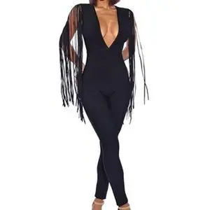 ZURI DEEP V FRINGE SLEEVE BANDAGE JUMPSUIT