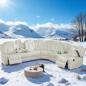 A AINEHOME Classic Off-White Breathing Leather 3-Piece Living Room Recliner Sofa Set with LED Lighting for Ultimate Comfort and Style