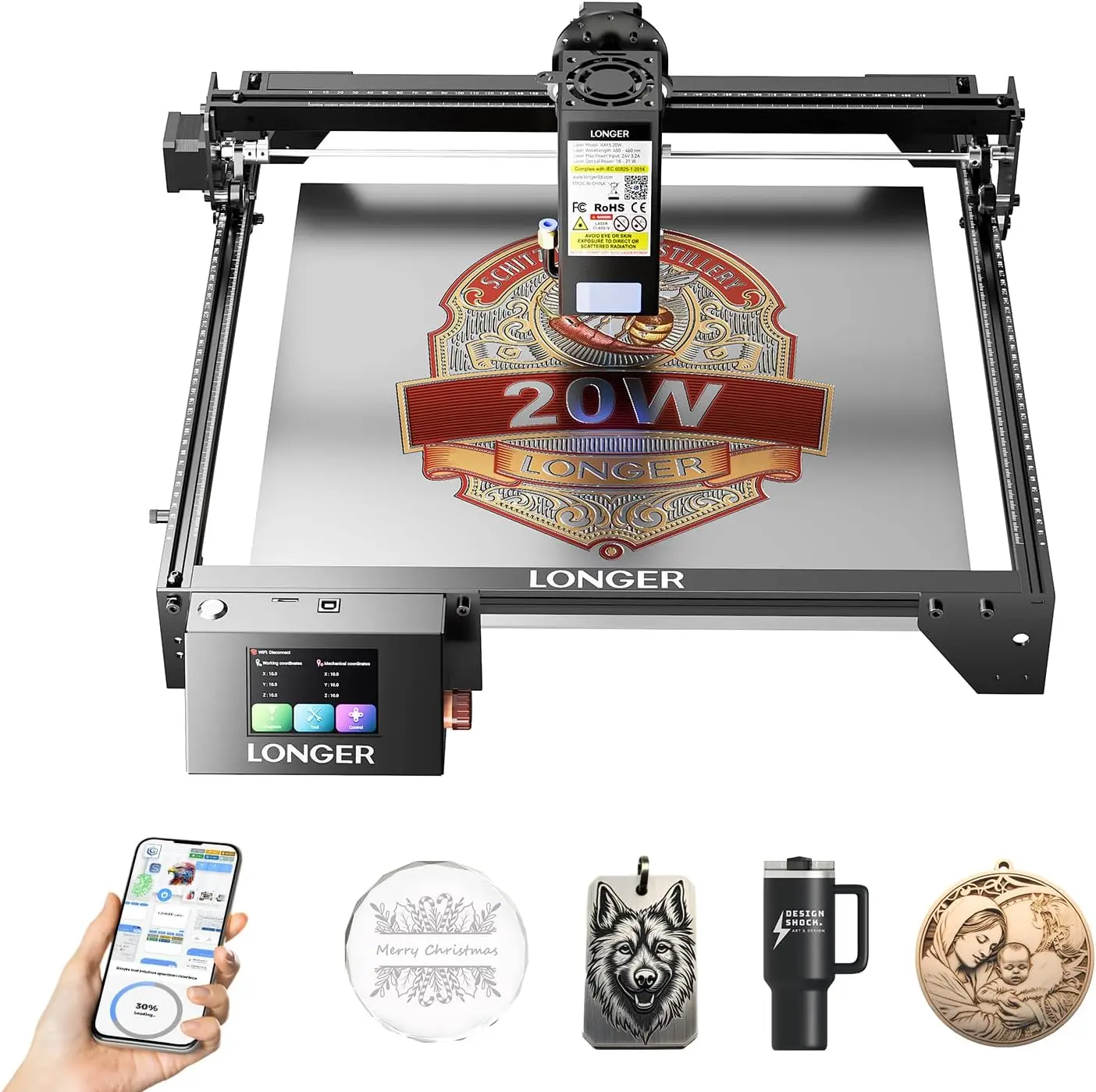 RAY5 20W Laser Engraver, High-Precision Engraving Machine with 3.5" Touch Screen & APP Offline Control, Laser Cutter for Wood, Metal, Acrylic, Glass, Leather, 15.7"x15.7" Working Area