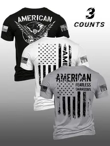 Summer Fashion Men's T-Shirt 3-Pack, Eagle American Flag Print, Round Neck Soft Fit, Casual Long Sleeve for Outdoor Adventures