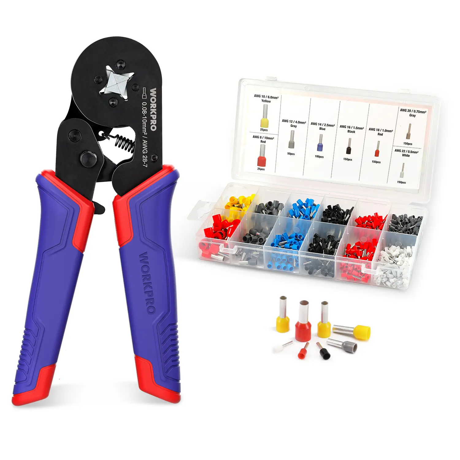 #fathersdaygift WORKPRO Ferrule Crimping Tool Kit, AWG 28-7 Self-adjustable Ratchet Wire Crimping Tool, Crimper Plier Set with 800 COUNTS Wire Terminals Crimping Connectors Wire End Ferrules