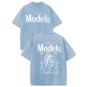 [NEW COLOR!]Holafish Acid Wash Vintage Modelo Pattern T-Shirt,TV Show T-shirt Heavyweight Cotton Streetwear graphic vintage tees Menswear Crewneck Tshirt Sport Short Shortsleeve Outdoor