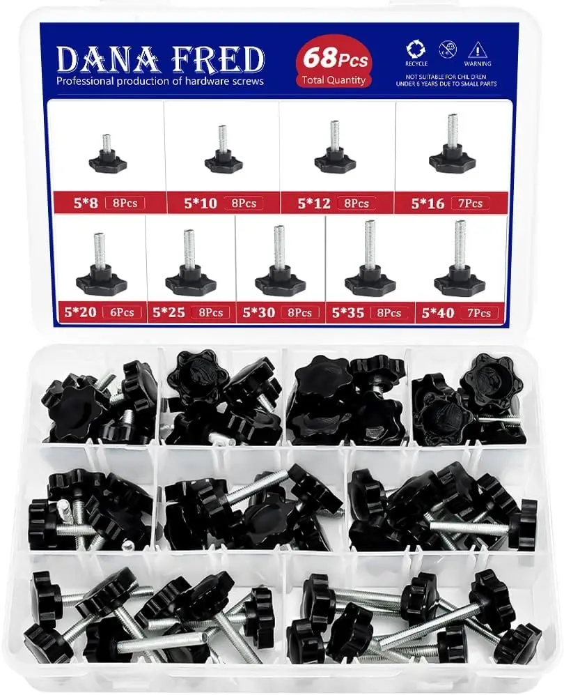 68 Pieces Star Knobs Screw Kit M5 Nylon Black Plastic Replacement Star Hand Knobs with Steel Tightening Screws Standard Metric Handle Thread Stud Bolt Hardware M5x8/10/12/16/20/25/30/35/40 mm