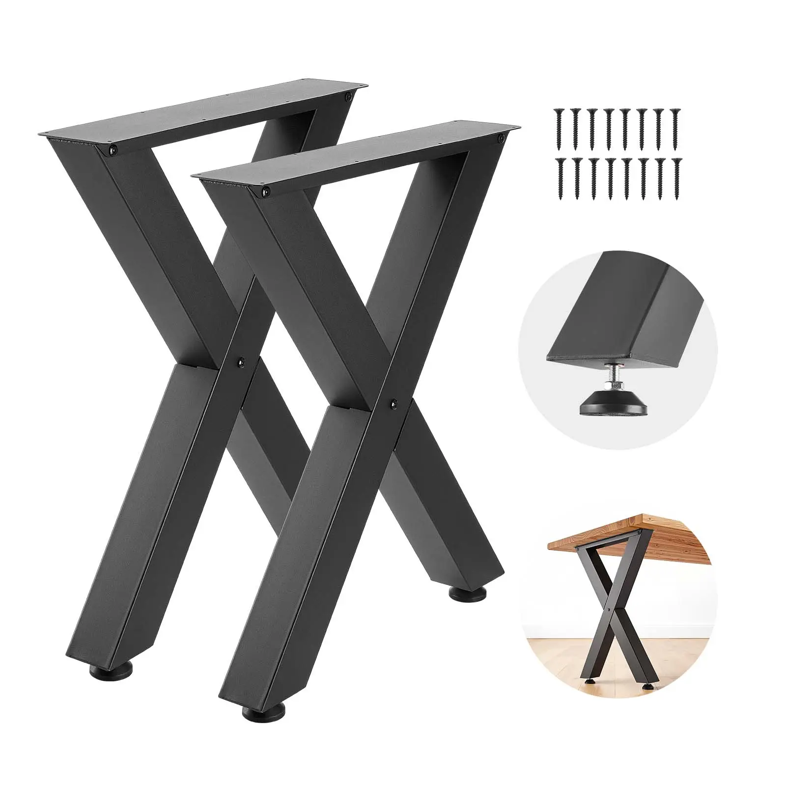 VEVOR Powder Coated Carbon Steel X-Frame Furniture Legs (2 PCS), 29.5" H x 23.6" W, Modular Design, Hassle-Free Installation, Instructions Included, Mounting Screws, 2204 lbs Load Capacity, Adjustable Feet, Less Wobble, for Dining Table/Workbench, Black