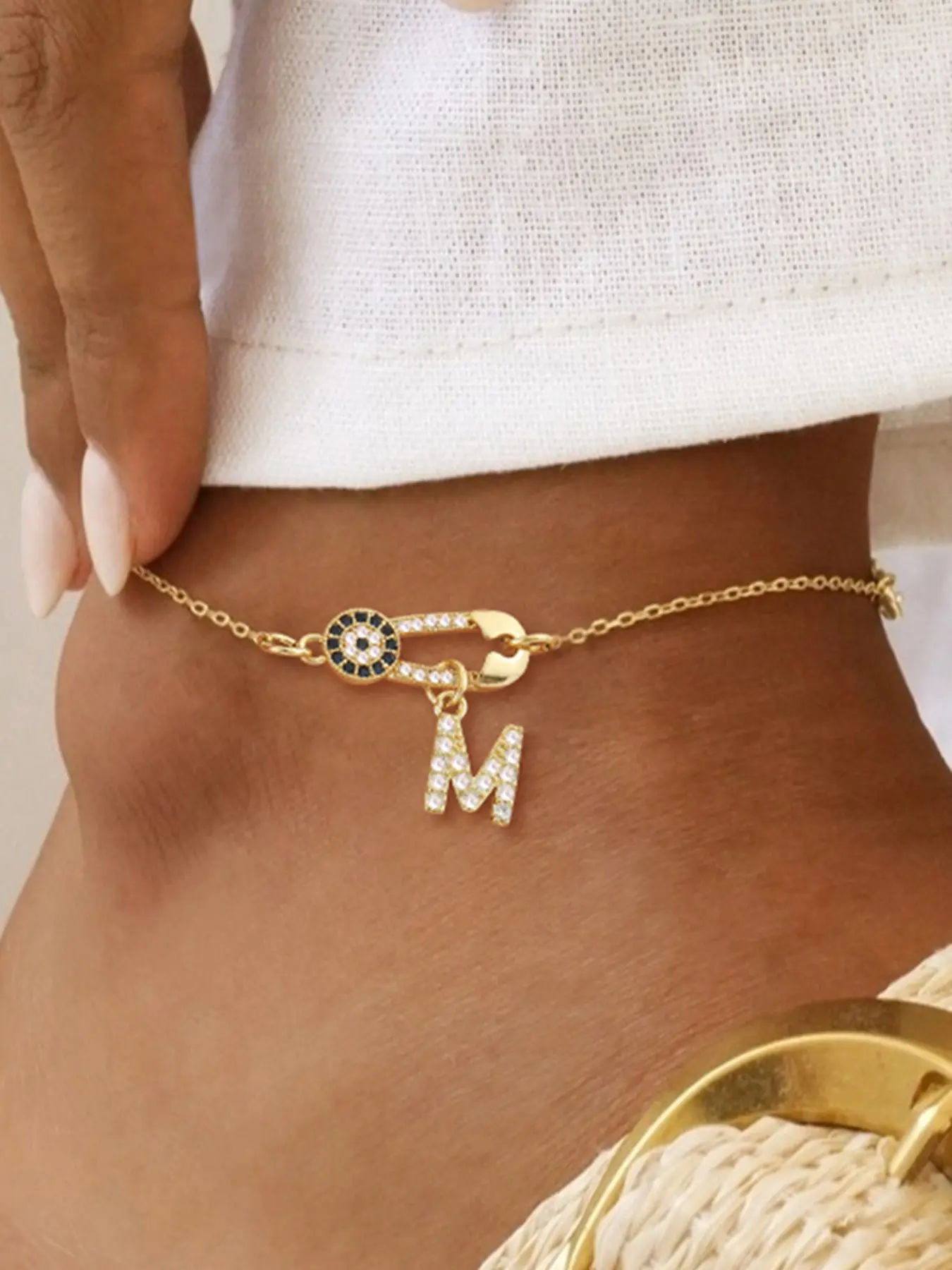 Women's Classic Stainless Steel Ankle Chain, Micro-Paved Zirconia Eye Pin Letter Anklet, Casual Style All Seasons Jewelry