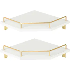 Tirzah White Wall Mount Corner Shelf with Gold Metal Guardrail, 2-Tier 9.5-inch Diamond-Shaped Wood Corner Floating Shelves for Home Decor Kitchen Organizer