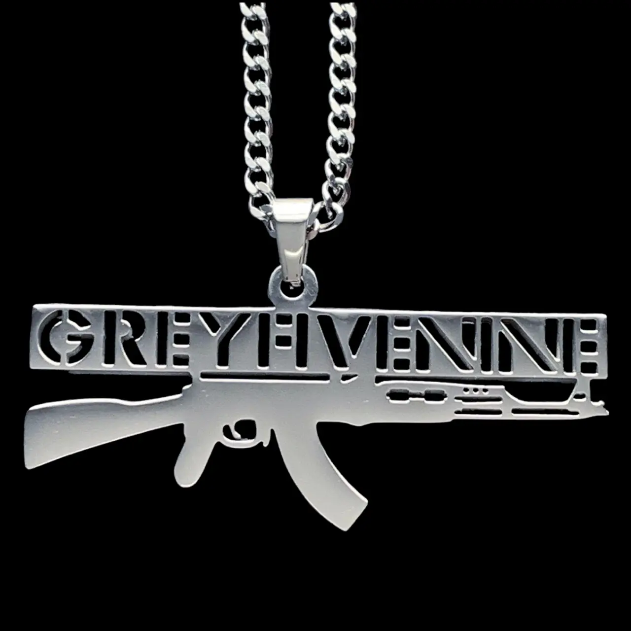 GREYFIVENINE AK-47 Necklace 1.5" Mirror Polished Stainless Steel G59 GREY59 Pendant Hypoallergenic Rust Resistant with Choice of Chain Suicideboys Free Gift Included