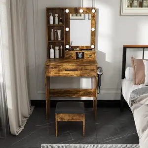 Vanity Table with Mirror & Adjustable LED Lights, Power Outlet, Hairdryer Holder & Stool – Compact Dressing Desk for Small Bedrooms(Vintage)