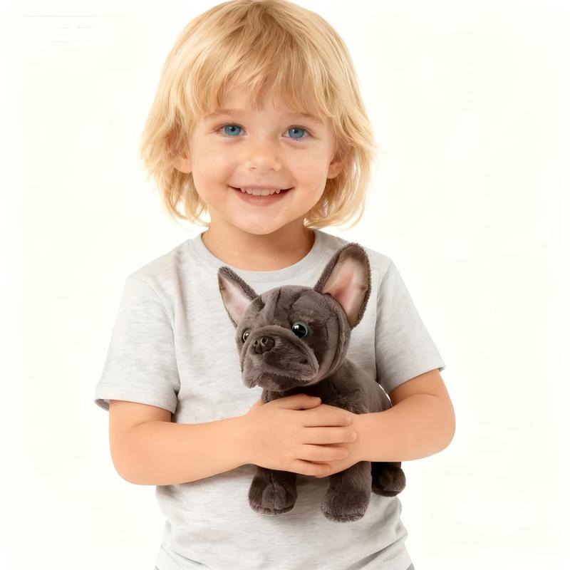 Realistic French Bulldog Plush Stuffed Animal – Soft Black & Grey Coarse Coat, Expressive Eyes, Light Beige Fluffy Ears, Cuddly & Durable Companion Toy, Perfect Birthday & Christmas Gift for Kids, Ideal for Ventriloquism Practice