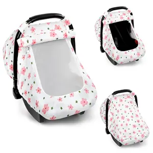 Hooyax Muslin Car Seat Cover Baby - Breathable and Privacy Car Seat Canopy with 3 Modes - Easy Install & Gift Box Packaging, Universal Fit for Infant Car Seats, Pink Flower