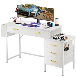Computer Desk with Charging Station, 5 Storage Drawers, 2 USB Ports and 2 Power Outlets, Metal Frame Desk with Wood Top and Adjustable Legs, Easy Assembly for Home Office