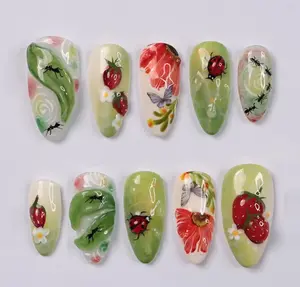 Whimsical Nature Press On Nails with Bugs, Strawberries, Flowers, Handmade Almond Nails ArtSatamiis