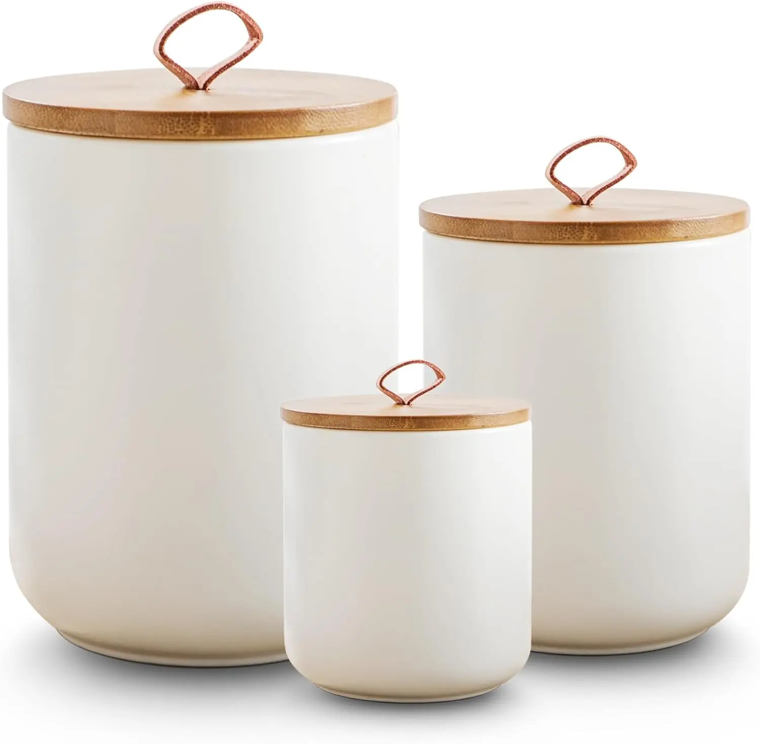 Stackable Reusable Airtight Ceramic Kitchen Canister Sets with Sturdy Wooden Lids - Leakproof Containers, Ceramic Body, Diameter Sizes, Farmhouse Look for Coffee/Tea Countertop Storage (White, Mother's Day Gift Option)