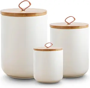 Airtight Ceramic Kitchen Canister Sets with Sturdy Wooden Lids, Countertop Food Storage Jars for Coffee, Tea, Sugar (White)