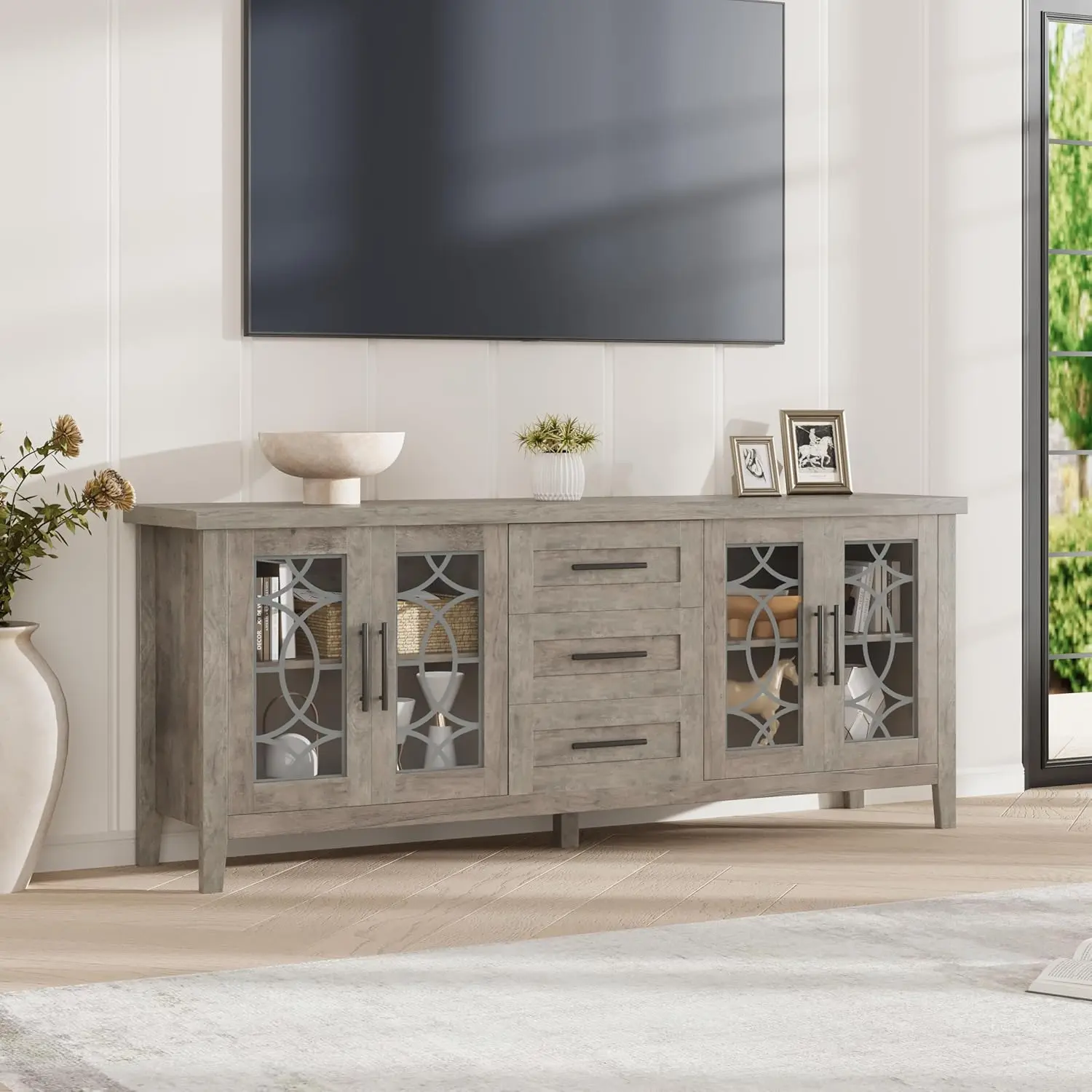 59 Inch Wide White TV Stands Entertainment Table with 4 Drawers and 2 Large Storage Compartment and 4 Doors for Living Room and Apartment