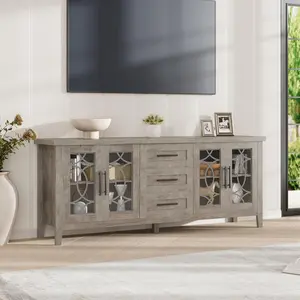 59 Inch Wide White TV Stands Entertainment Table with 4 Drawers and 2 Large Storage Compartment and 4 Doors for Living Room and Apartment