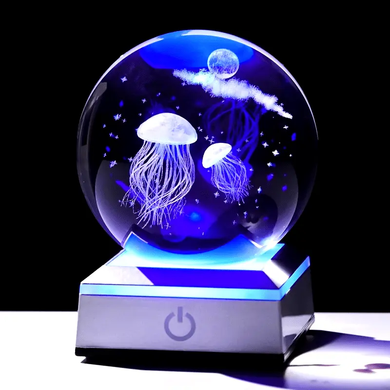 8cm 3D Jellyfish Crystal Ball With Color LED Base - Laser Engraved Glass Ball,Star And Moon Design,USB Powered Bedroom Decoration, Gift for Girlfriend, Mom, Dad