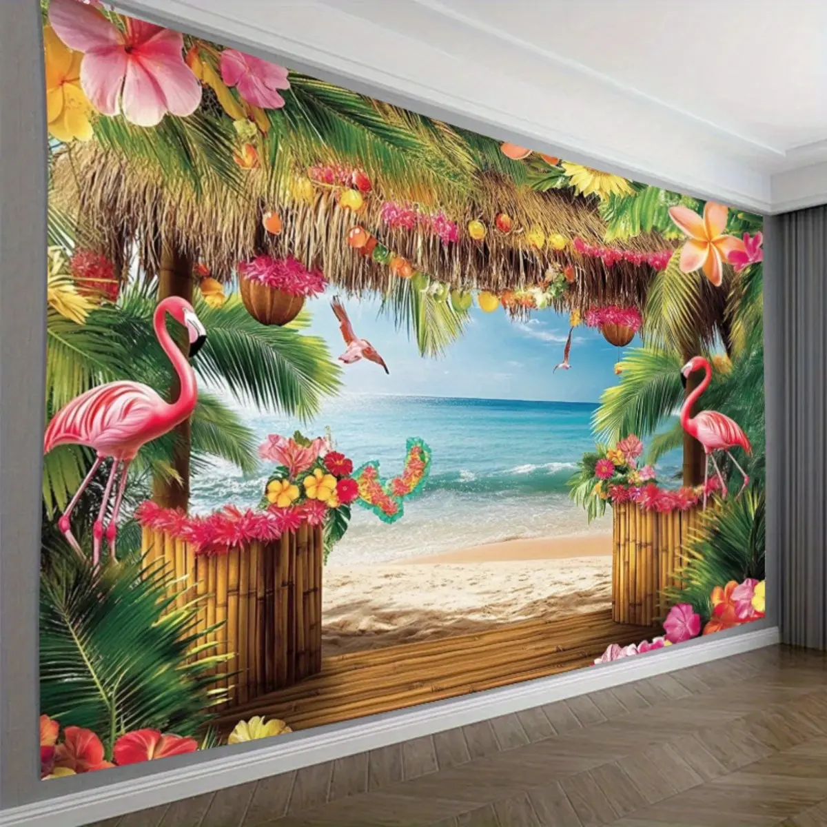 Super Large Lightweight Polyester Hawaii Flamingo Tapestry - Tropical Beach Palm Tree Design, Home Decor Wall Hanging for Room Decoration, Love-Themed Thanksgiving Church Event Prop