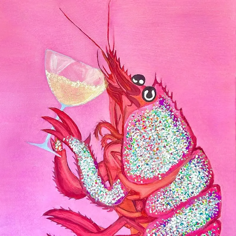 Hand Painted "Shrimp Cocktail" Abstract Art Print 24x36" Poster with Gold Glitter Champagne & Rainbow Glitter Shell Effects