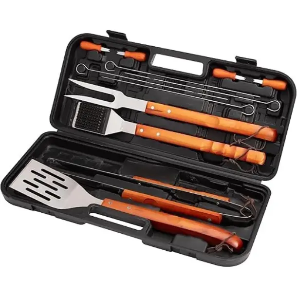 13-Piece Wooden Grill Tool Set, BBQ Accessories and Grill Tools, Durable Stainless-Steel Utensils with Recycled Plastic Case, Spatula, Tongs, Cleaning Brush & More, Grilling Gifts for Men