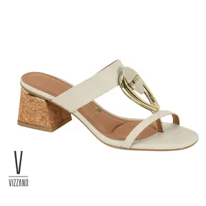 Vizzano Cork Block‑Heel Slide Sandals with Gold Accent  Women’s Two‑Strap Mules – Statement Hardware  Dressy Block‑Heel Slip‑On Sandals